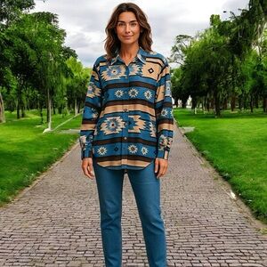 Capacity Long Sleeve Aztec South Western Tribal Print Tan Blue Button Down Shirt